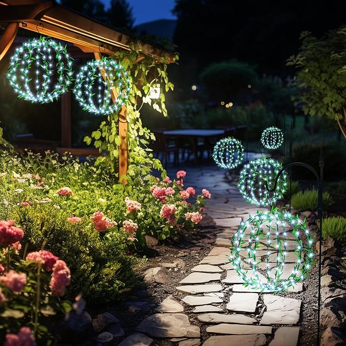 Joomer Solar Hanging Lights Outdoor, 2 Pack 12in 120 LED Solar Globe Lights, 8 Modes Waterproof Foldable Metal Sphere Light with Hook for Garden Yard Porch Decor- White (Ball with Green Leaf)