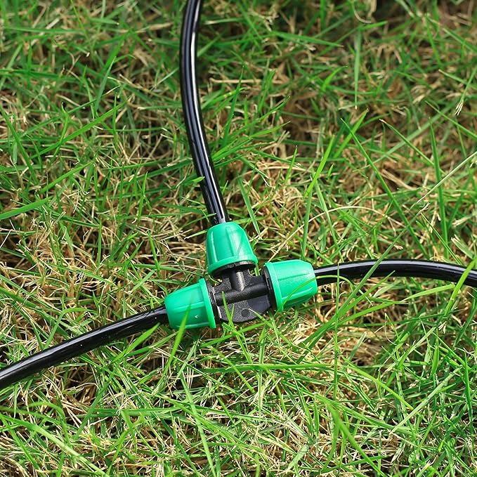 1/4 inch Drip Irrigation Fittings, Lock Barbed Tee for ¼ in. Tubing; Tubing Outside Diameter (OD) is 0.250 in., Internal Diameter (ID) is 0.170. in.(25Pcs/Pack) (Green-3Way)