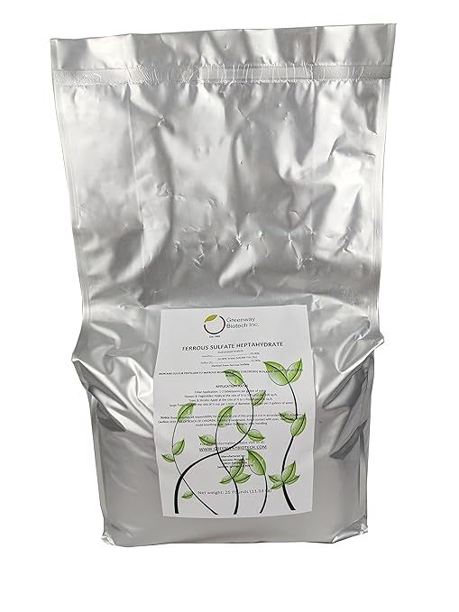 Greenway Biotech Ferrous Sulfate Heptahydrate Fertilizer Includes 20% Iron (Fe) 12% Sulfur & 100% Water Soluble Powder- Organic Lawn Fertilizer for Vegetables and Plant Growth (25 Pounds)