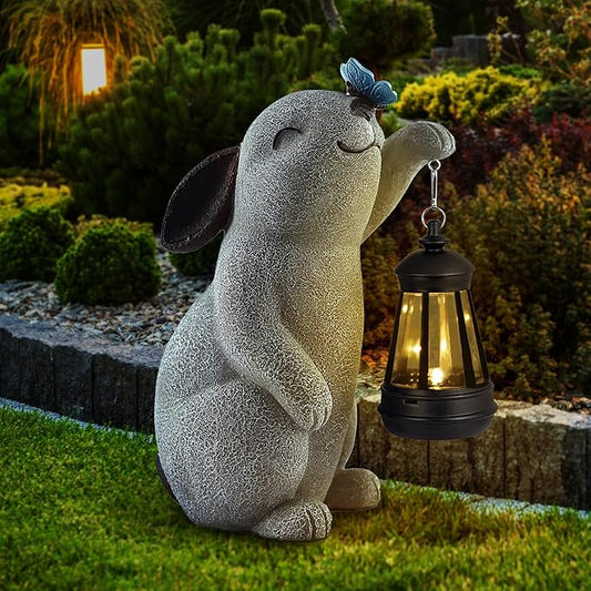 Solar Rabbit Statues for Garden Decor - Outdoor Bunny Figurine with Solar Lantern for Yard Patio Lawn Balcony Ornaments - Garden Gifts for Mothers Day, Grandma, Easter