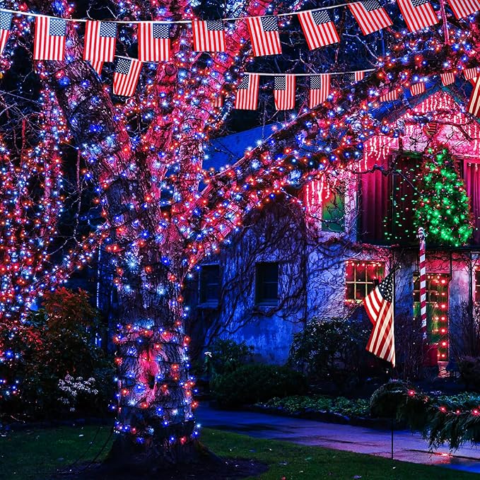 JMEXSUSS 4th of July Decorations 250 LED Red White and Blue Fairy String Lights, 4th of July Lights Outdoor with 8 Modes, 91.5ft Connectable Patriotic Lights Waterproof for Home Yard Patio Party Decor