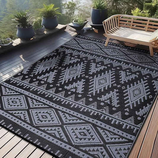 OLANLY Outdoor Rug Waterproof 9x18 ft, Reversible Outdoor Plastic Straw Rug, Boho Patio Rug, Indoor Outdoor Carpet, RV Mat Outside for Patio, Camp, Picnic, Balcony, Deck, Backyard, Black & Grey