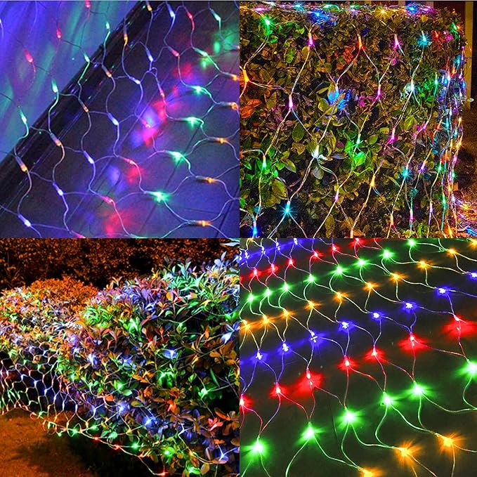 LJLNION Christmas Net Lights, 360 LED 12ft x 5ft Connectable Mesh Fairy String Lights,8 Modes Low Voltage Safe Adaptor for Xmas Trees, Bushes, Wedding, Outdoor Garden Decorations, Multicolor