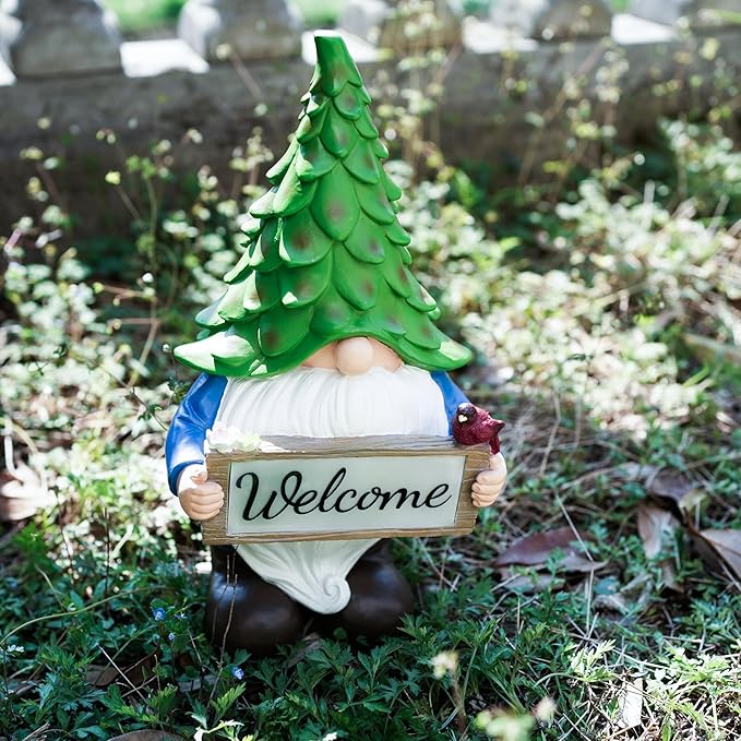 Garden Gnome Statue with Solar Lights, 13.5” Welcome Sign Gnome Outdoor Decor for Yard Lawn Patio, Funny Resin Gnome Sculptures, Gifts for Women Mom Grandma,Garden Decor Ornament
