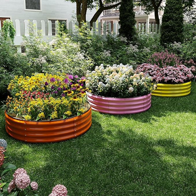 Galvanized Metal Planter Round Raised Garden Bed Kit for Gardening Outdoor，2x2x1ft Planter Grow Garden Box Raised Flower Bed，Round Galvanized Planter Outdoor Metal Fire Pit Ring