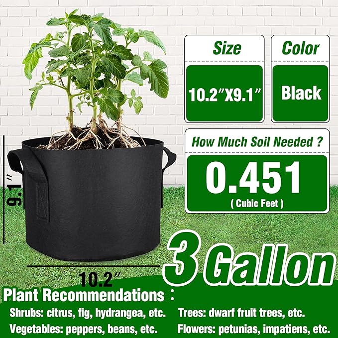 PHYEX 12-Pack 3 Gallon Grow Bags, Thickened 300G Nonwoven Fabric Pots with Reinforced Handles, Planting Bags for Healthy Root Growth, Vegetables, and Flowers, Come with 12 Pcs Plant Labels