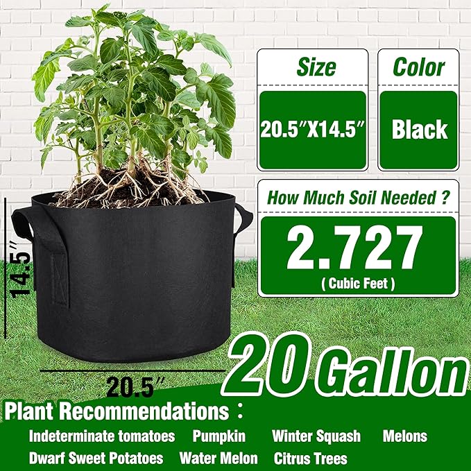 PHYEX 12-Pack 20 Gallon Grow Bags, Thickened 300G Nonwoven Fabric Pots with Reinforced Handles, Planting Bags for Healthy Root Growth, Vegetables, and Flowers, Come with 12 Pcs Plant Labels