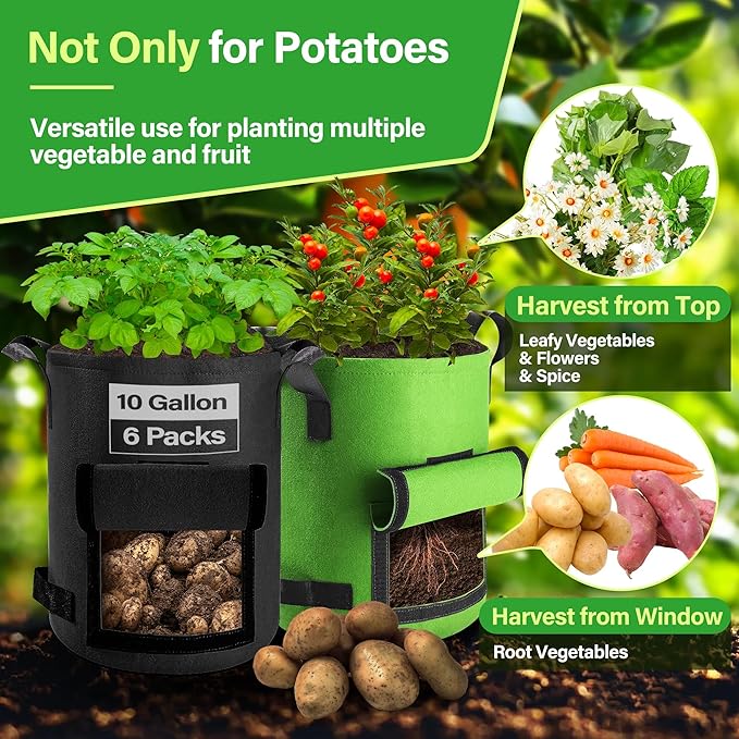 6 Pack Potato Grow Bags 10 Gallon with Flap, Grow Bags for Growing Potatoes, Duarable Fabric Garden Planter Pots with Harvest Window for Vegetable and Fruits, Black & Green