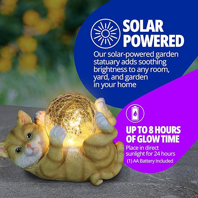 Exhart Garden Sculpture, Solar Cat Garden Statue with LED Light Crackle Ball, Outdoor Garden Decoration, 10.5 x 7.5 Inch, Multicolor, Resin