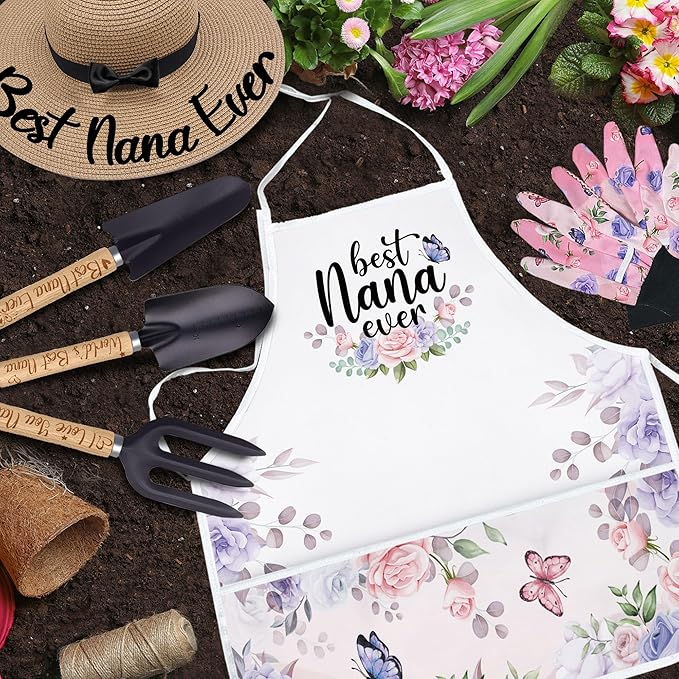 Nana Gifts for Mothers Day, Gardening Tools Kit with Gloves Apron and Hat, Best Nana Ever Gifts for Plant Lover, Gardening Gifts Set for Christmas, Grandma Gifts from Grandkids Grandchildren