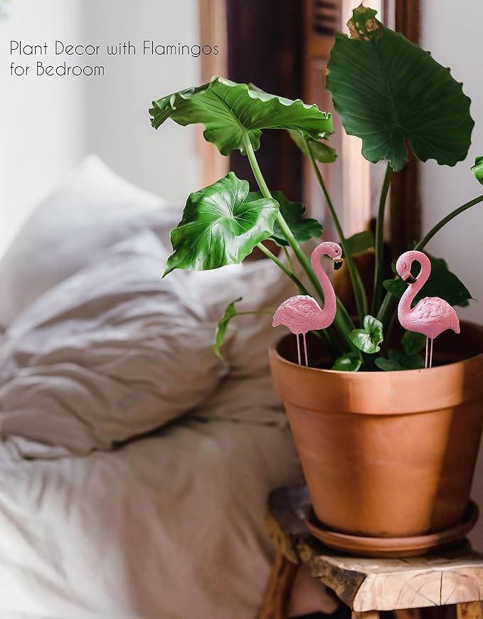 Mini Flamingos Figurines with Stakes - Set of 4 Small Flamingos Garden Gifts for Women Resin for Flower/Plant Pot Decorations - Miniature Fairy Garden