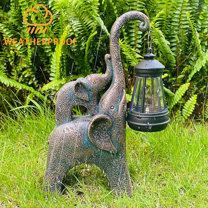 Elephant Statues Garden Decor with LED Solar Lights-Lucky Elephant Mother Gifts for Women, Men or Daughter, Unique Housewarming Gifts and Yard Decoration (Gold)