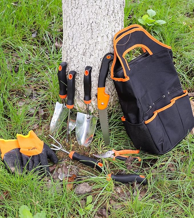 Garden Tool Sets with Organizer, 9 Piece Stainless Steel Heavy Duty Gardening Tool Kit Including Hand Saw, Hand Trowel, Hand Rake, Transplanter, Weeder, Crack Weeder, Pruner, Gloves, Storage Bag