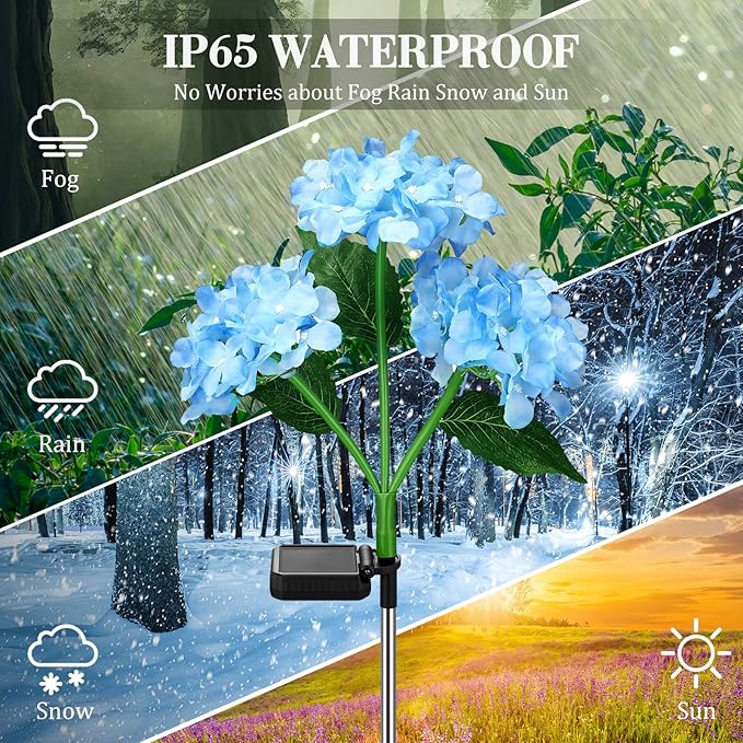 Treela 4 Pack Solar Lights Flowers Outdoor Waterproof Hydrangea Garden Stake Lights Realistic LED Flowers Powered Decorative Ground Solar Flower for Lawn Yard Backyard Decoration Gift(Blue)