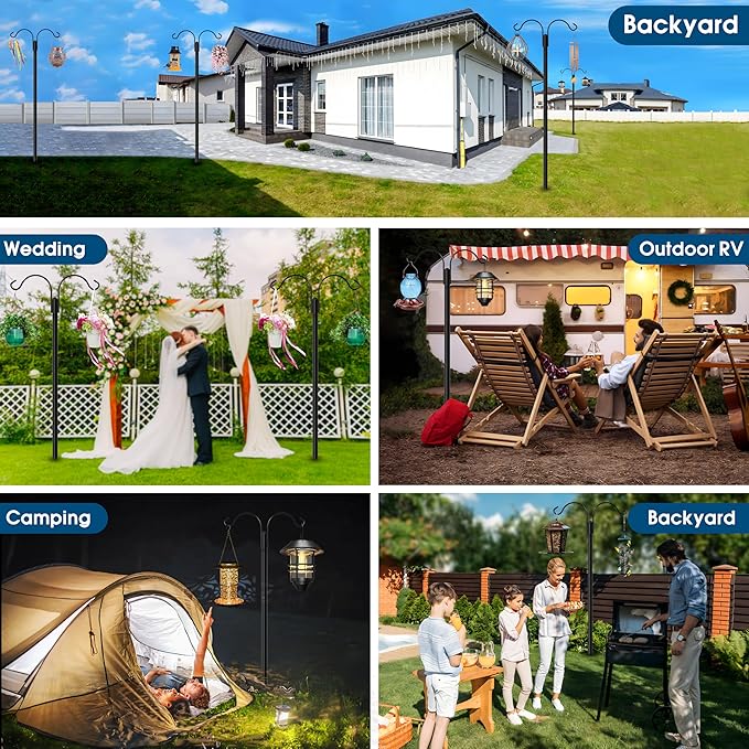 Ottsuls Bird Feeder Pole, 2 Pack 108 INCH Double Shepherds Hooks for Outdoor, with 5 Base Prongs Heavy Duty Tall Garden Planter Hooks for Hanging Flower Basket, Lantern, Hummingbird Feeder