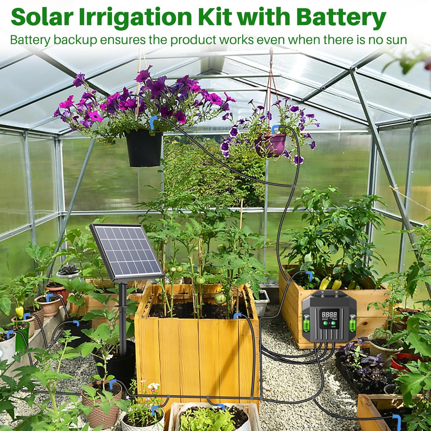 Biling 3W Solar Drip Irrigation System, Digital Programmable Smart Watering Kit with 2200mAh Battery for 15 Potted Plants Indoor/Outdoor Use