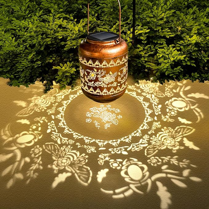 2Pack Bee Solar Lanterns Outdoor Hanging Waterproof Lanterns Garden Decor Christmas Gifts for Women Mom Grandma Metal Solar Lights Decoration Outside for Yard, Patio,Pathway Landscape
