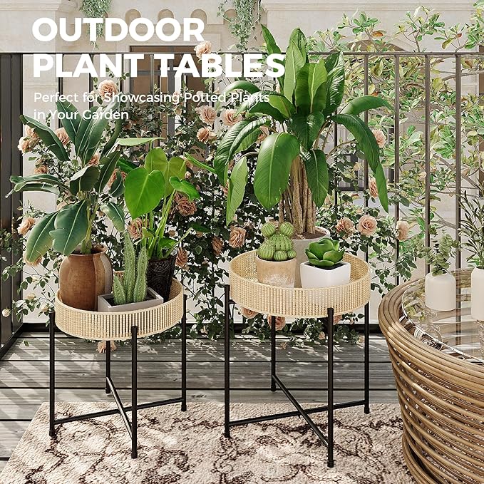 Bamworld Plant Stands Set of 2 Tall Plant Stand Indoor Rattan Plant Table for 5 Pots Plants Round Flower Stand Outdoor for Home Decor Balcony Patio