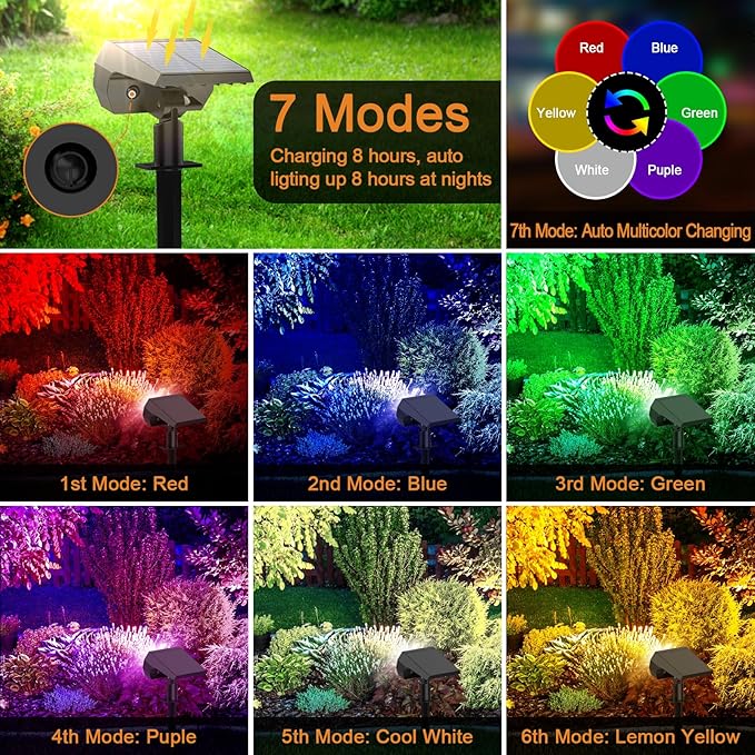 WELALO Solar Color Changing Spot Lights Outdoor, Waterproof Solar Christmas Lights with 7 Modes, Multicolor RGB Landscape Spotlights for Garden Yard Driveway Lawn Patio Pathway Decorations, 2 Pack