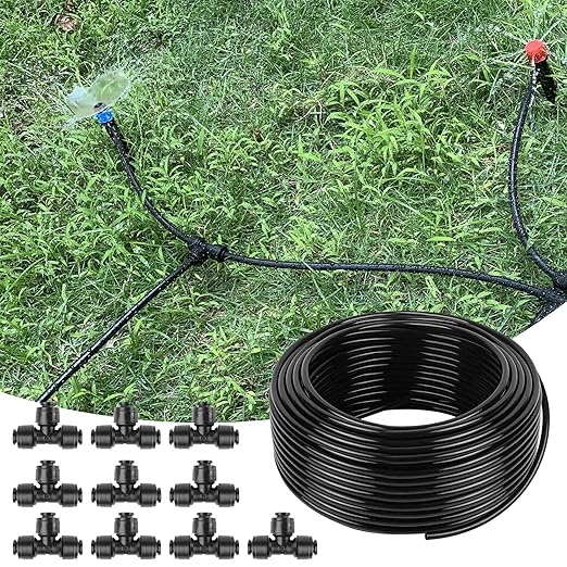 100FT 1/4 Inch Drip Irrigation Tubing with 10 Pack Push-to-Connect 1/4" Tee Connectors, Distribution Drip Line Hose & Universal Tee Fitting, for Drip Irrigation Parts or Drip System and Misting System