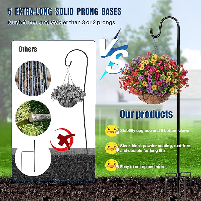 Ottsuls Shepherds Hooks for Outdoor - 60" Heavy Duty Bird Feeder Pole with 5 Prong Base, Adjustable Stand Hanger for Garden Plant, Hummingbird Feeder, Lantern Lights - Haning Wedding Decor (1 Pack)