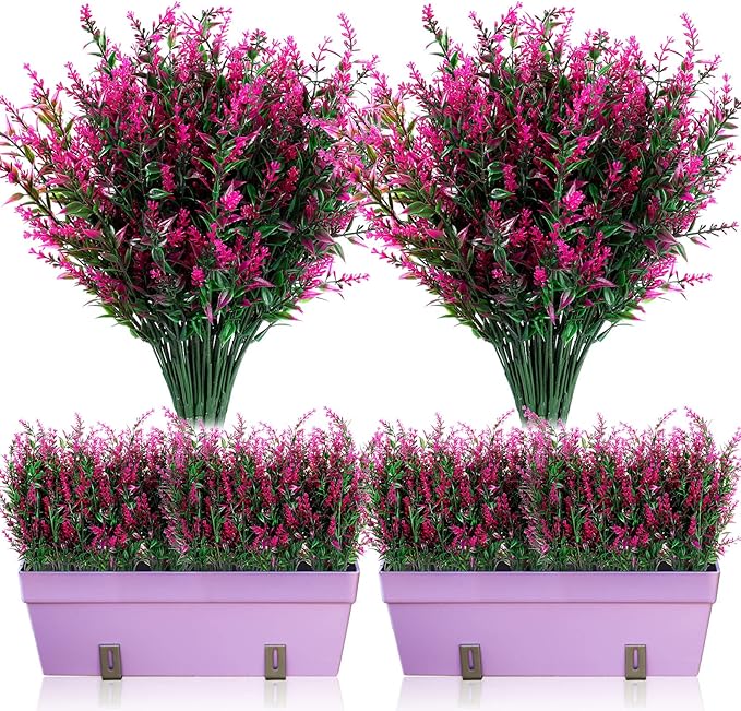 12 Bundles Artificial Lavender UV Resistant Plants Outdoor Faux Flowers Shrubs for Floral Arrangement, Table Centerpiece, Home Garden Decor (Fuchsia)