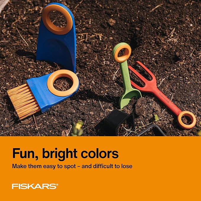 Fiskars Kids Garden Tool Set (4-Piece) - Ages 3+ Educational Toys for Yard Work - Cultivator, Trowel, Scoop and Brush with Organizational Hang Holes