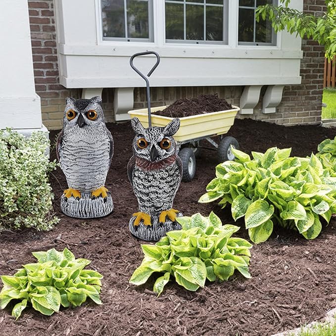 Hausse 2 Pack Fake Owl Decoy Bird Scarecrow Sculpture, Plastic Horned Owl Bird Deterrents with Yellow Claws, Garden Protectors, Large Nature Enemy Pest Repellent for Outdoor Garden Yard