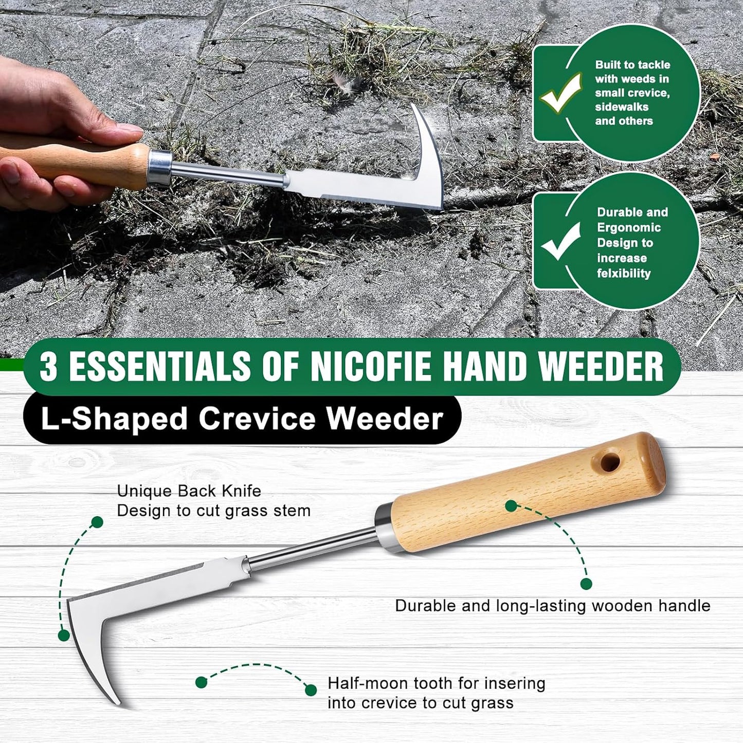 Weed Remover Tool 2-Piece with Wood Handle, Weeding Garden Tools for Gardening with Serrated Edge, Weed Puller for Removing Moss and Weeds, Weeding Tools for Dandelion