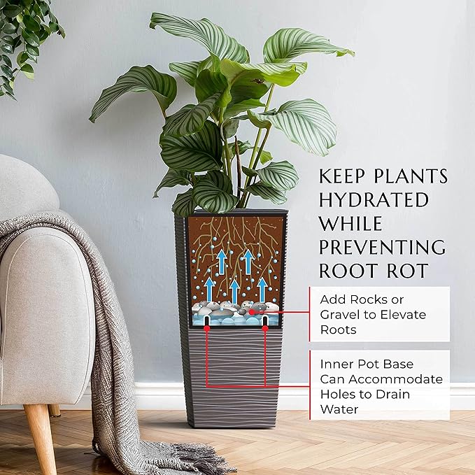 Mueller M-Resin Heavy Duty Tall Planter, Indoor/Outdoor Grande Plant, Tree, Flower Pot, 2-Piece Set, 24”, Modern Design, Built-in Drainage, Mocha