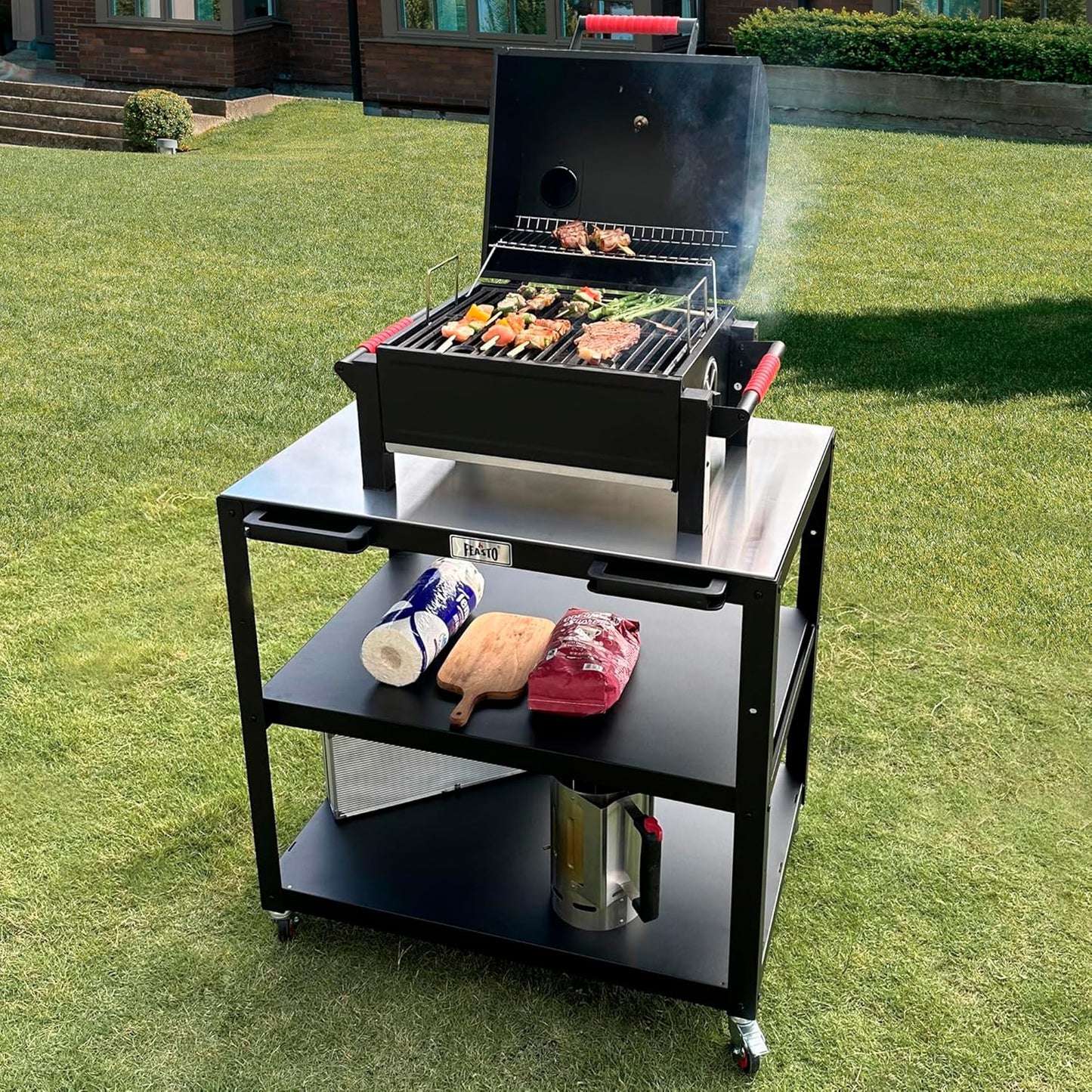 36''x 24'' Large Movable Pizza Oven Table for Outdoor, 304 Stainless Steel Grill Cart with Wheels, 3-Shelf Outdoor Kitchen Prep Table Pizza Oven Stand on Wheels for Pizza Oven& Griddle