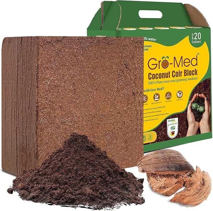 Gro-Med Coco Coir Block - 10lb, Coir Fiber Brick Enriched NPK Expands Upto 80 Quarts - Organic Potting Soil for Flowers, Herbs, Low EC Planting - Growing Medium for Gardening - Seed Starter Soil