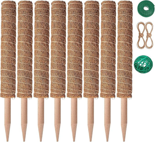 8 Pcs Moss Pole for Plants Monstera, Plant Support Stakes for Indoor Climbing Plants Grow Upwards, with 65ft Twist Ties, 13ft Jute Rope, 6.5ft Hook-and-Loop Strip
