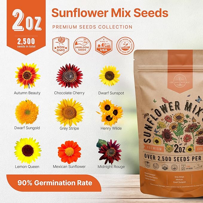Sunflower Mix Seeds Pack 2 oz - Over 2,500 Non-GMO Heirloom Sunflower Seeds for Planting, Annual Flowers in Individual Seed Packet, Sunflower Seeds for Planting Home Garden Indoor & Outdoor Gardening