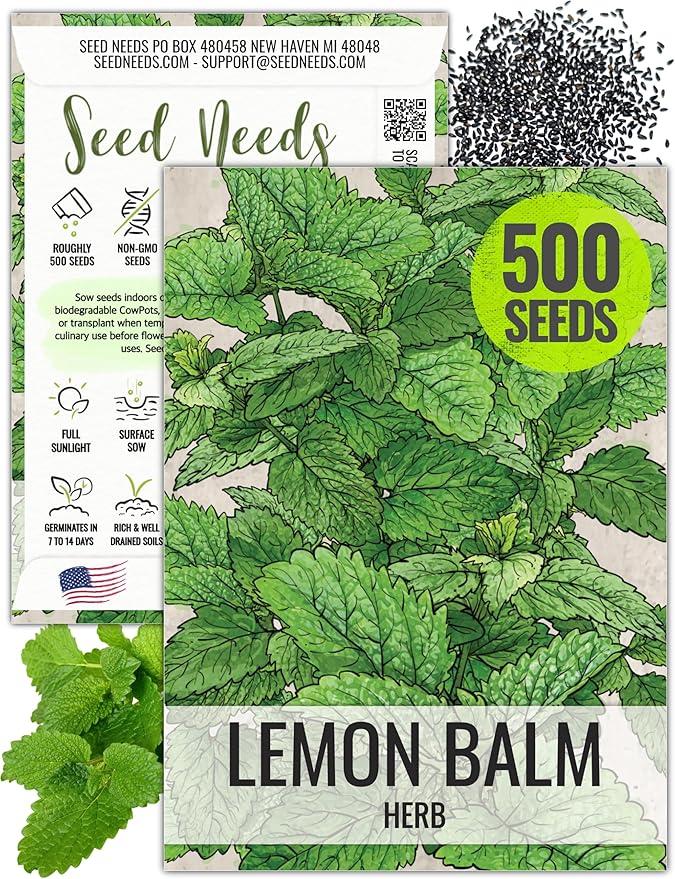 Seed Needs Lemon Balm Seeds for Planting - Non-GMO, Heirloom & Untreated Perennial Medicinal Herb - Plant Indoors/Outdoors Used for Making Calming Tea (1 Pack)