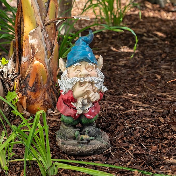 Alpine Corporation 15" Tall Outdoor Garden Gnome Smiling Yard Statue Decoration, Multicolor