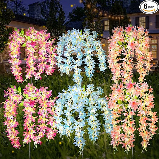 Neporal Solar Flowers Outdoor Waterproof IP65, 5 Lilac Flower Vines with 140+ Flowers, Warm Light & 2 Lightning Modes, 6PK Blue/Pink/Purple Solar Garden Lights Outdoor for Garden, Yard, Pathway Decor