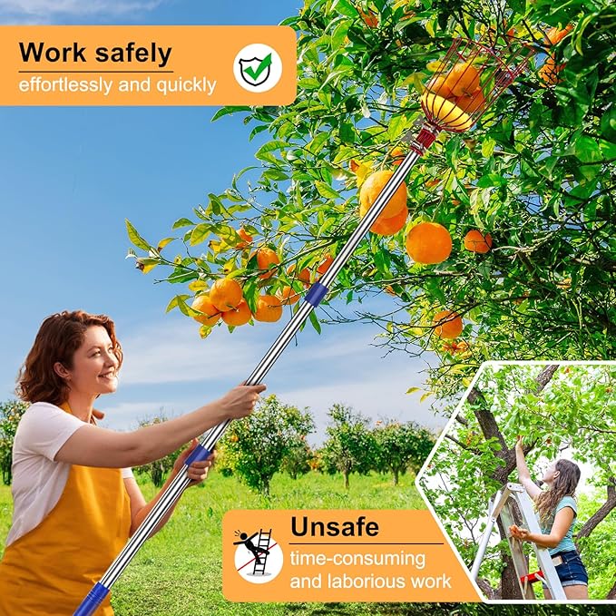 13 Feet Fruit Picker Pole Tool with Basket Apple Picker Extendable Stainless Steel Extension Pole Metal Clamp Fruit Catcher with Protective Foam Pad for Avocado Apples Mango