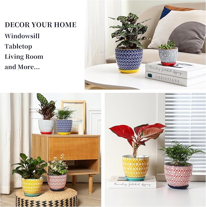 Selamica Ceramic Plant Pots, 5.6 Inch Flower Pots for Indoor Plants, Planters with Drainage Hole and Saucer, Garden Pots for Succulent, Orchid, Home Decor, Set of 4, Assorted Colors