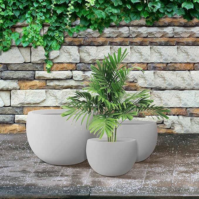 Kante 19.9",15.7",11.8" Dia Round Concrete Planter Set of 3, Outdoor/Indoor Large Bowl Plant Pots with Drainage Hole and Rubber Plug for Garden Patio Balcony Home, Pure White
