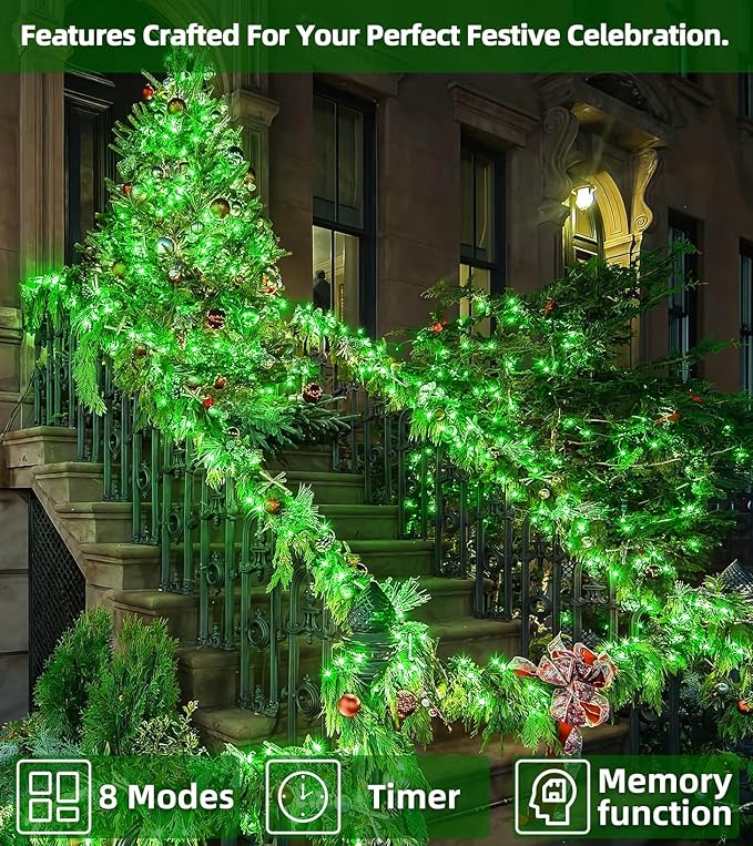750 LED Outdoor Christmas Lights Decorations, 246ft Green Wire LED Christmas String Lights with Timer Memory, Twinkle Lighs for Indoor Outdoor Xmas Party Christmas Tree Wedding Garden Patio Green
