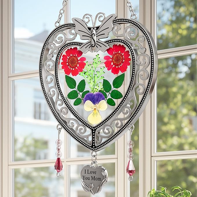 KY&BOSAM Heart Suncatcher-Stained Glass Panles I Love You Mom Sun catchers Hangings for Windows Wind Chime Ornament Mom Gifts - Gifts for Mother`s Day Valentine`s Day Birthday Christmas