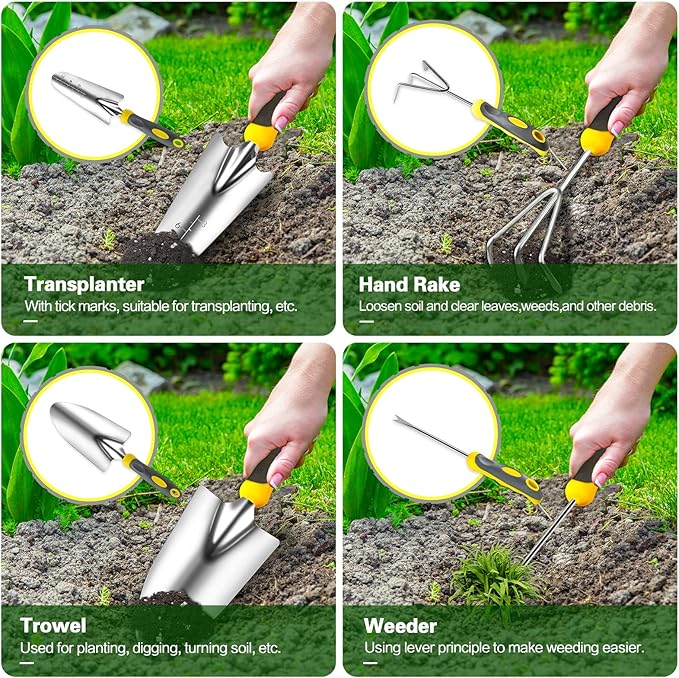iPower Garden Tool Set, 8 Piece Heavy-Duty Stainless-Steel Garden Kit Includes Outdoor Hand Tools, Garden Gloves and Storage Tote Bag, Ergonomic Rubberized Non-Slip Handle