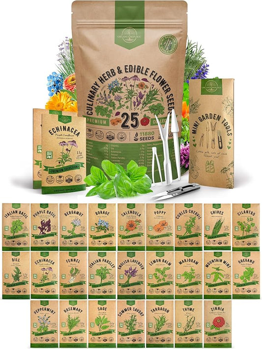 25 Culinary Herbs & Edible Flower Seed Variety Pack for Planting Indoor & Outdoors. 11900+ Non-GMO Heirloom Flower Seeds: Basil, Borage, Echinacea, Lavender, Oregano, Rosemary Seeds & More