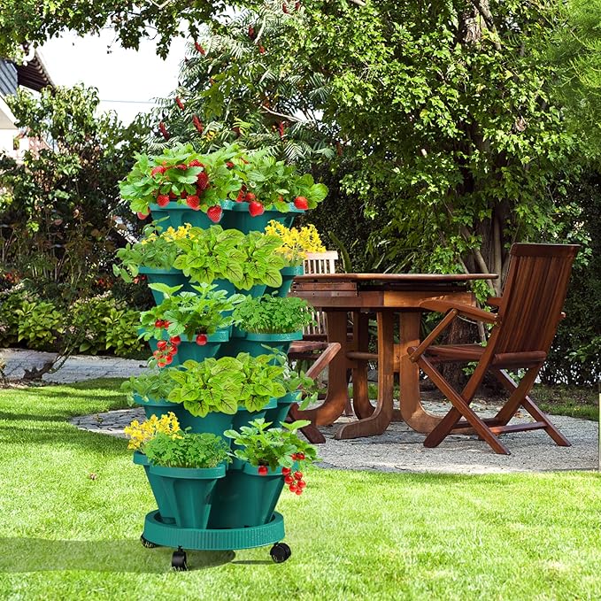 Strawberry Vertical Planters Tower Garden 2 Pack, 7 Tiered Stacking Herb Vegetable Planter with Support Pole Indoor and Outdoor - Hunter Green
