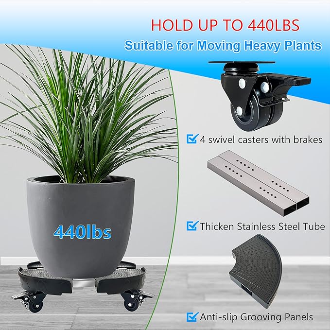 CASIMR Plant Caddy with Wheels, Heavy Duty 440lbs Capacity Rolling Plant Stand, 15-20 Inch Adjustable Indoor Outdoor Plant Dolly, Round Plant Roller Base Flower Pot Rack Holder Trolley Casters Tray
