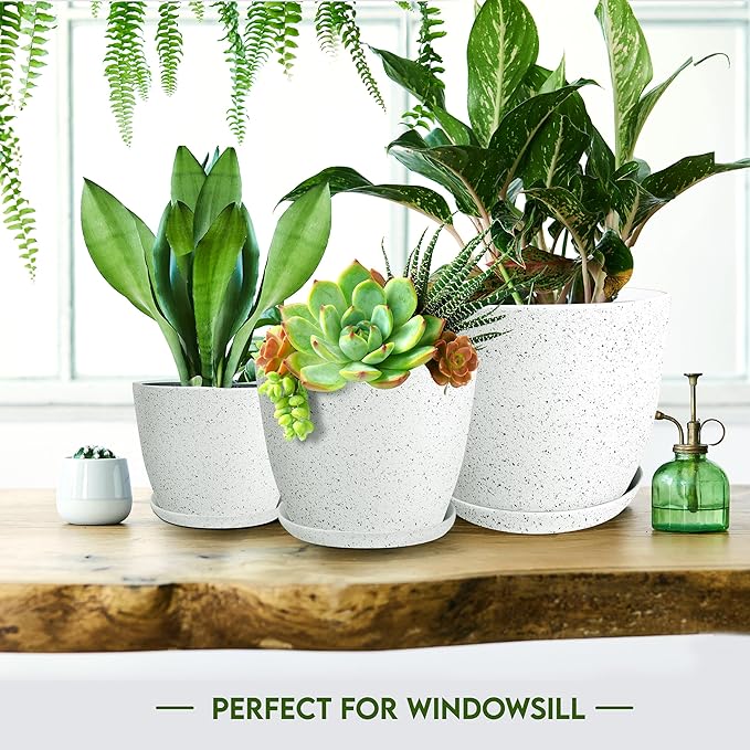 Utopia Home Plant Pots Indoor with Drainage - 7/6.6/6/5.3/4.8 Inches Decorative Flower Pots for Indoor Plants - Pack of 5 Spotty Grey Plastic Planters for Indoor Plants, Flowers Pot