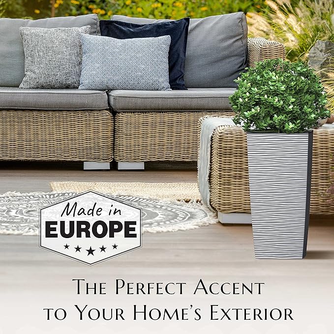 Mueller M-Resin Heavy Duty Tall Planter, Indoor/Outdoor Grande Plant, Tree, Flower Pot, 2-Piece Set, 18”, Modern Design, Built-in Drainage, Light Grey