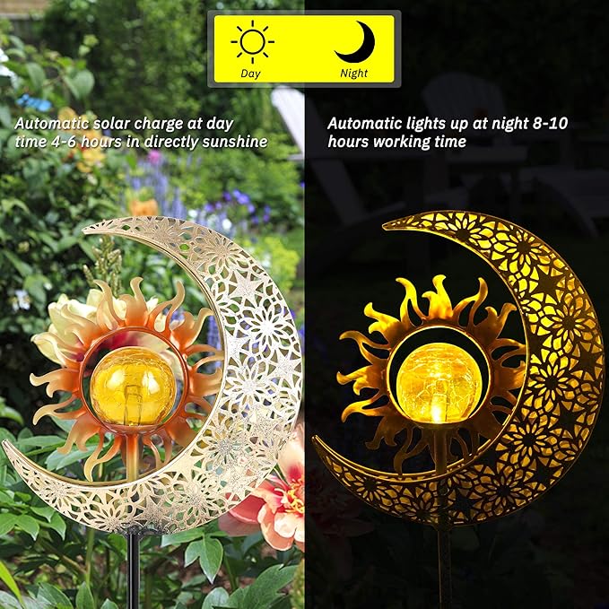 Solar Garden Statues Outdoor Decor, Moon Sun Figurine Light Stake, Housewarming Ornament for Patio, Lawn, Yard, Pathway - Unique Gift Ideas for Gardening Mom Grandma