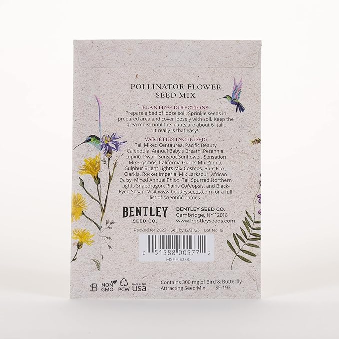 Bentley Seed Co. | Help Pollinators Kraft Hummingbird | 25 Non-GMO, Non-Coated Wildflower Seed Packets for Planting | Flower Seeds | Garden Seed to Grow Live Plants | A Beautiful Gift